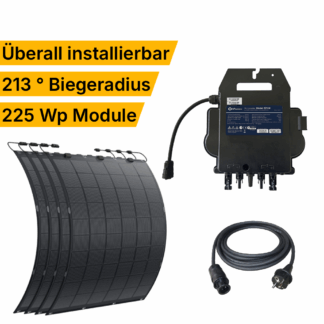 Balkonkraftwerk Komplettset flexible Module bestehend aus vier flexiblen 425 Wp Module, einem AP-Systems EZ1M Wechselrichter und einem Anschlusskabel